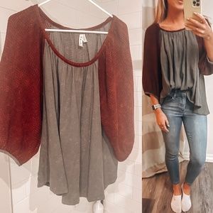 Peasant Sleeved Grey/Maroon Free People Size M Top